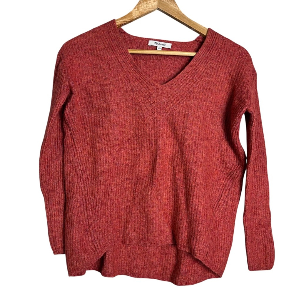 Madewell Ribbed V Neck Sweater Orange Red Wool soft Women's XS cozy layering